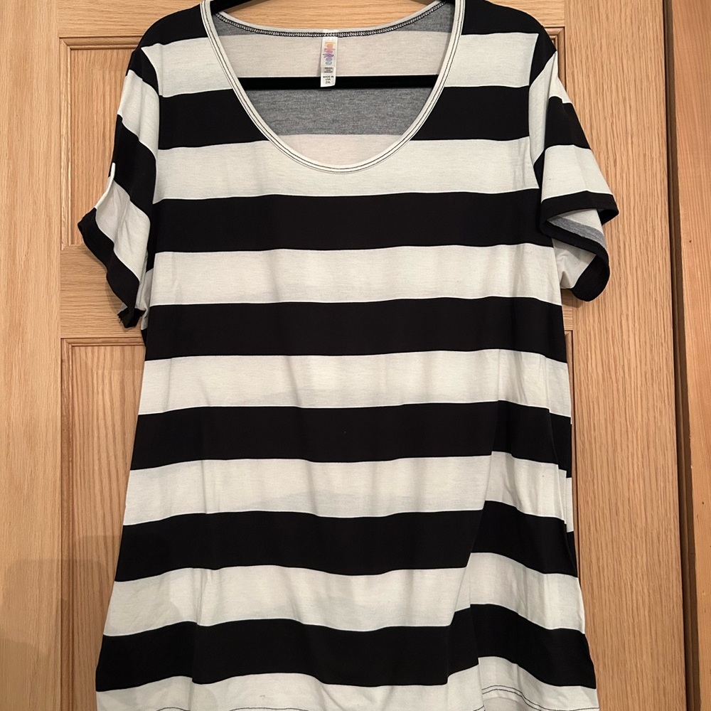 LuLaRoe Black and White Striped Short Sleeve Tee